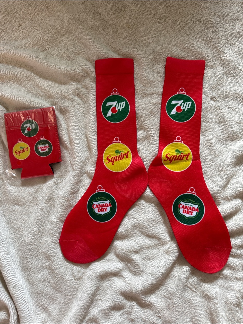 Stanley Red Crew Socks with Green and Yellow Beverage Logos